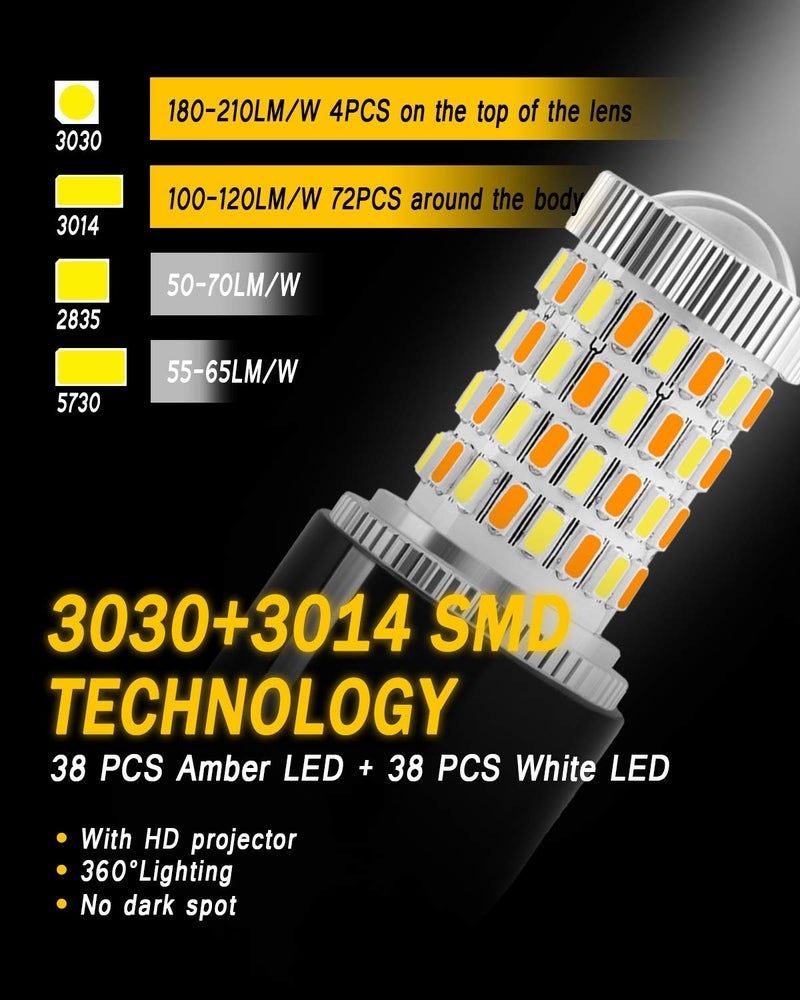 AUXLIGHT 7443 7444 992 T20 7443NA 7441 Switchback LED Bulbs 76SMD Chipsets White/Amber with Projector Replacement for Front/Rear Turn Signal Parking Daytime Running Lights/DRL (Pack of 2) - Image 2